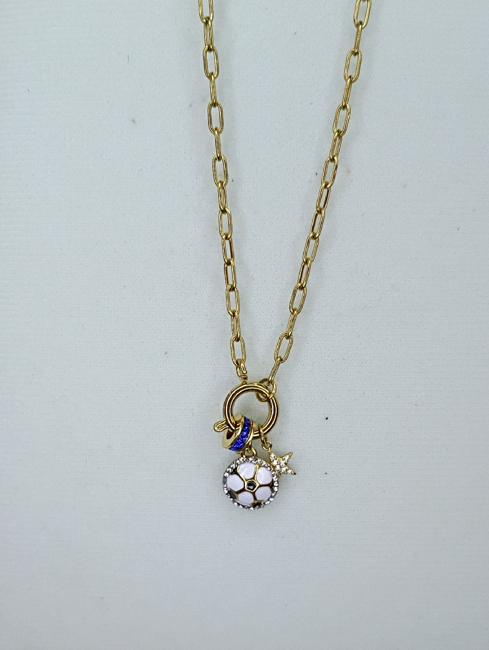 New Gold-Tone Soccer Ball Pendant Necklace with Blue Accent